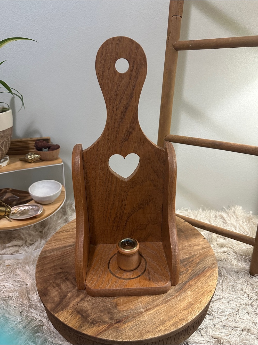 Vintage Cottagecore Wooden Heart Taper Candle Holder Sitting Shelf‎ Display